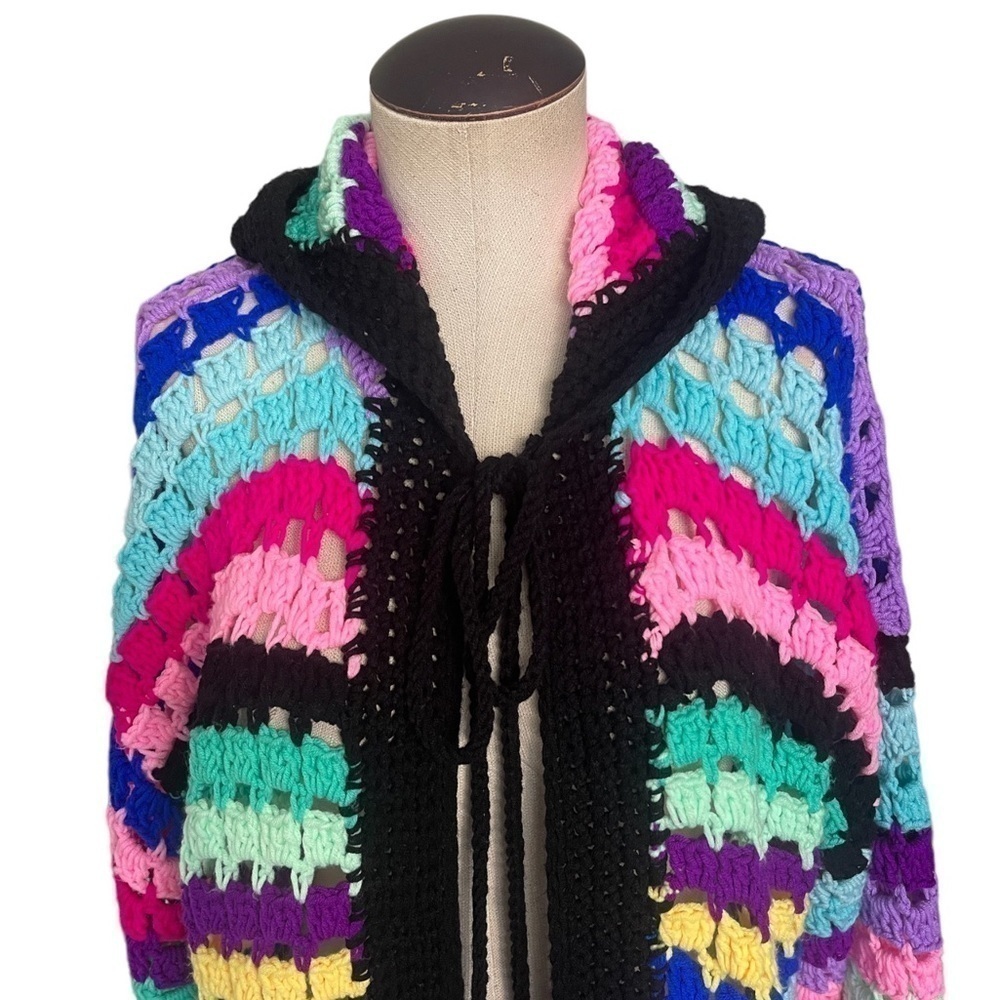 Rare Matimì Crochet Long Cardigan Sweater w/ Hood in Multicolor Stripes One Size - Picture 4 of 12